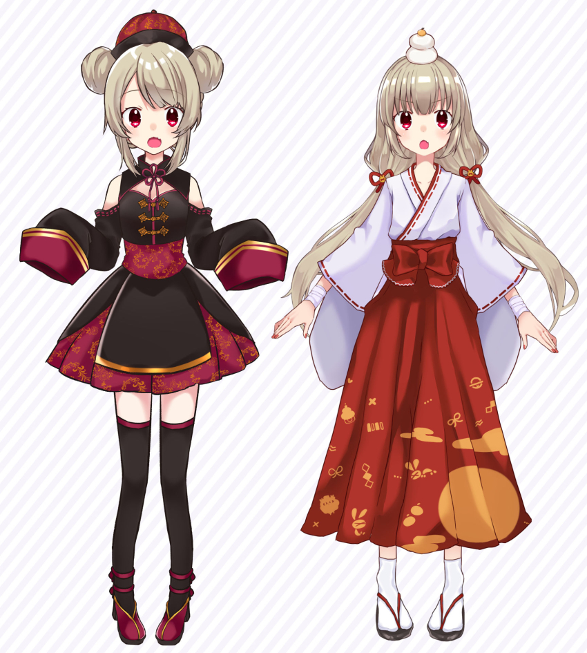 2girls bandaged_wrist bandages black_thighhighs detached_sleeves double_bun hair_bun highres japanese_clothes jiangshi miko multiple_girls multiple_persona natori_sana natori_sana_(artist) natori_sana_(jiangshi) natori_sana_(miko) official_alternate_costume official_art red_eyes sana_channel tabi tachi-e thighhighs virtual_youtuber