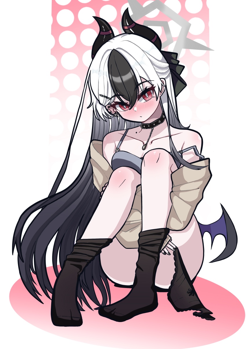 1girl absurdres black_choker black_dress black_hair black_horns black_nails black_panties black_socks black_wings blue_archive brown_jacket choker closed_mouth collarbone commentary_request convenient_censoring days_(user_zehd4554) demon_horns dress gradient_hair hair_ornament hairclip halo highres holding holding_panties holding_underwear holding_unworn_clothes horns jacket kayoko_(blue_archive) kayoko_(dress)_(blue_archive) korean_commentary long_hair looking_at_viewer mole mole_on_neck multicolored_hair official_alternate_costume official_alternate_hairstyle panties red_eyes single_wing sitting socks solo underwear very_long_hair white_hair wings