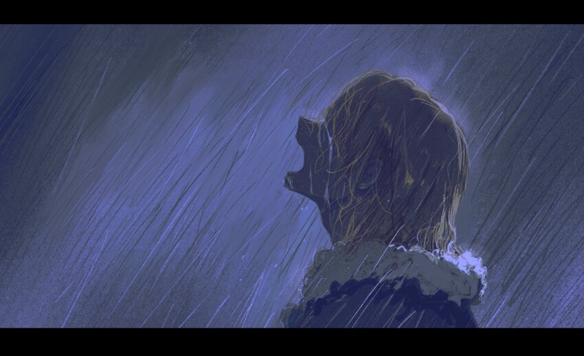 1boy black_clouds blonde_hair cape covered_eyes dimitri_alexandre_blaiddyd fire_emblem fire_emblem:_three_houses fur_trim hair_between_eyes head_back highres male_focus nintendo open_mouth profile rain shouting solo storm upper_body vgmondo white_fur