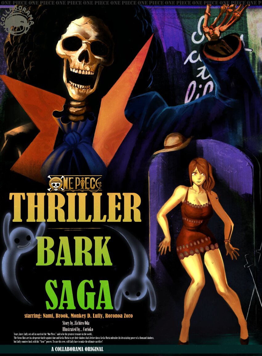 1boy 1girl absurdres afro artist_name ascot bangle bare_legs bare_shoulders black_jacket blue_ascot bracelet breasts brook_(one_piece) character_name closed_mouth collarbone commentary copyright_name corioko dress english_commentary english_text ghost hand_up hat highres jacket jewelry jolly_roger legs medium_breasts nami_(one_piece) nami_(one_piece)_(thriller_bark) one_piece open_mouth orange_hair popped_collar red_dress shoulder_tattoo skeleton standing straw_hat straw_hats_jolly_roger tattoo unworn_hat unworn_headwear