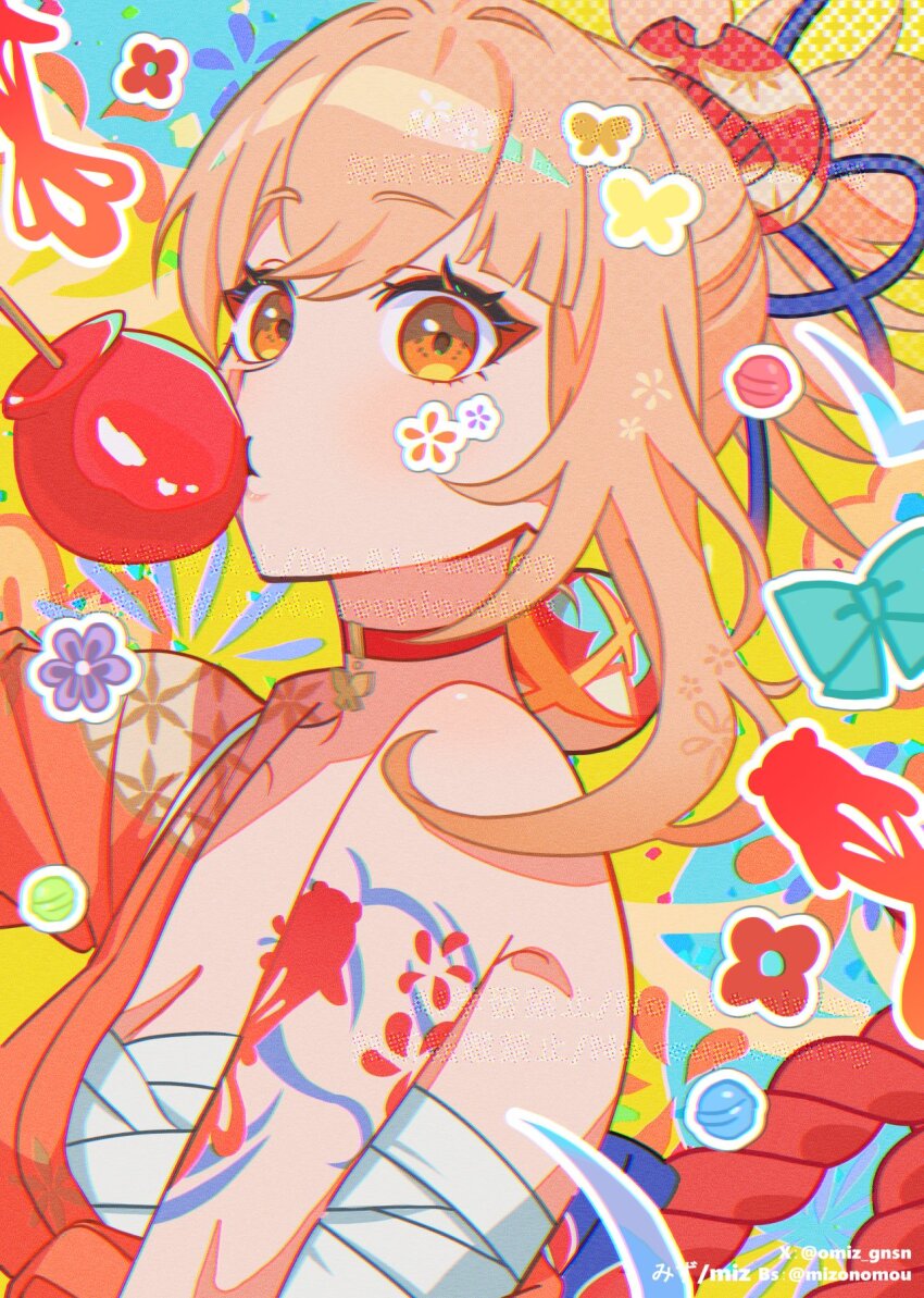 1girl arm_tattoo bandages blonde_hair bow breasts candy candy_apple chest_sarashi choker fish food genshin_impact hadanugi_dousa hair_ornament highres japanese_clothes kimono looking_at_viewer medium_breasts miz_(mi) open_kimono orange_kimono outline ponytail sarashi single_bare_shoulder tattoo white_outline yellow_eyes yoimiya_(genshin_impact)
