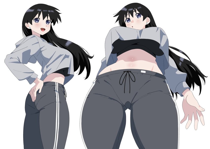 :d alternate_costume arato_nagi black_bra black_hair blush bra breasts cropped_hoodie ear_piercing from_below grey_hoodie grey_pants hand_on_own_ass highres hood hoodie kuro_(toi_et_moi) long_hair long_sleeves medium_breasts multiple_views navel open_mouth pants piercing purple_eyes ruri_no_houseki simple_background smile sports_bra striped_clothes striped_pants track_pants underwear white_background