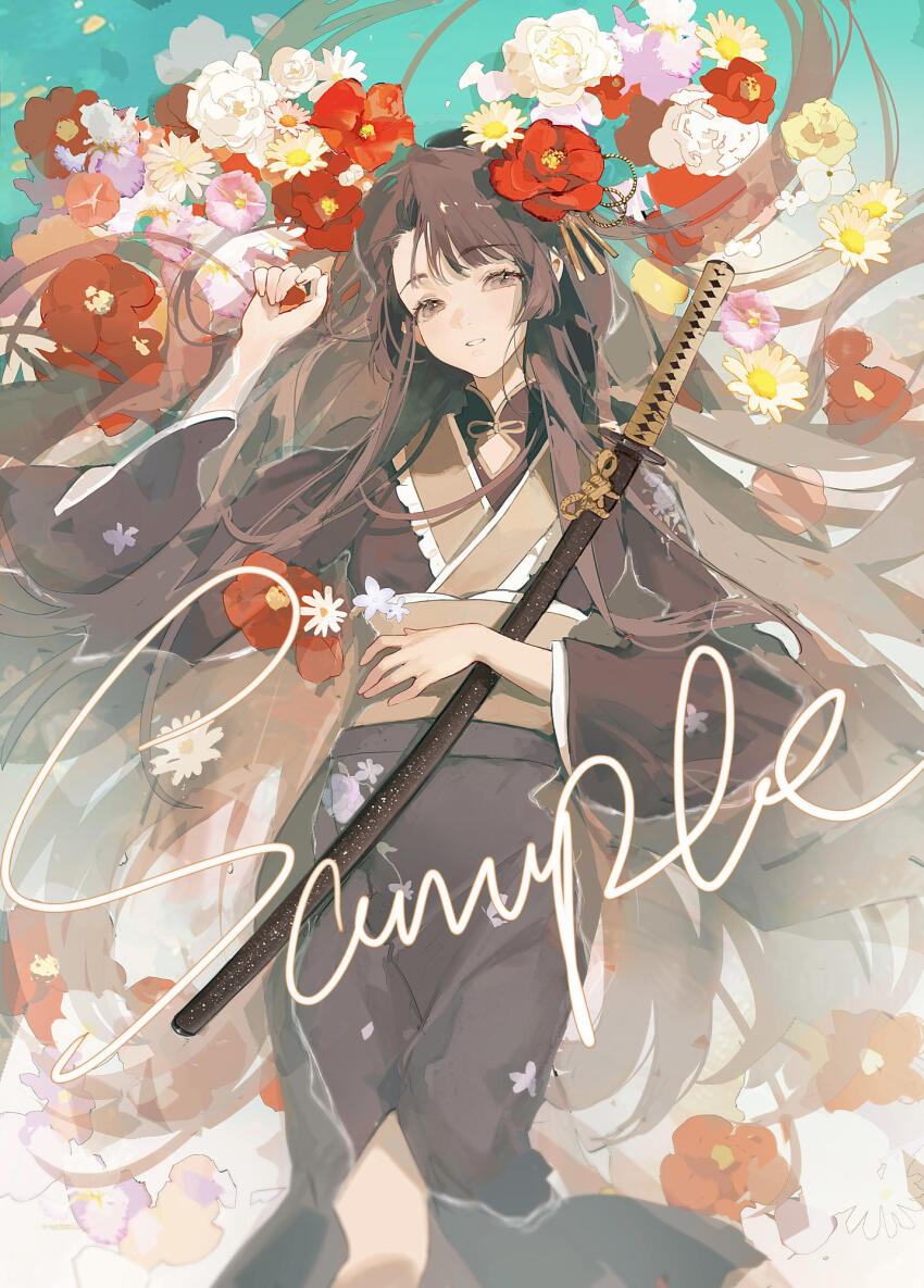 1girl black_kimono blue_background blunt_bangs brown_eyes brown_hair camellia commission daisy diamond_cutout eyelashes feet_out_of_frame floral_print flower gradient_background hair_flower hair_ornament hair_spread_out hand_up high_collar highres holding holding_petal holding_sword holding_weapon japanese_clothes katana kimono light_particles long_hair long_sleeves lying neck_ribbon obi on_back original parted_lips petals pink_flower red_flower ribbon rose sample_watermark sash sheath sheathed solo sword teeth very_long_hair watermark weapon white_background white_flower white_rose wide_sleeves yellow_ribbon yellow_sash youlizi-yuri yukata