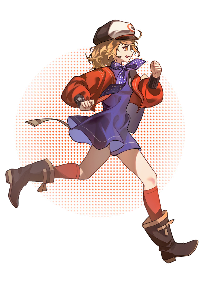1girl :p absurdres blue_dress blue_neckerchief boots brown_boots brown_hair dress full_body halftone halftone_background hand_up hat highres jacket jintian_kaishi_chi_cui_pingguo long_sleeves neckerchief newsboy_cap orange_eyes photo-referenced polka_dot_neckerchief profile puffy_long_sleeves puffy_sleeves red_jacket red_socks regulus_(reverse:1999) reverse:1999 running short_dress short_hair socks solo tongue tongue_out watch white_background wristwatch