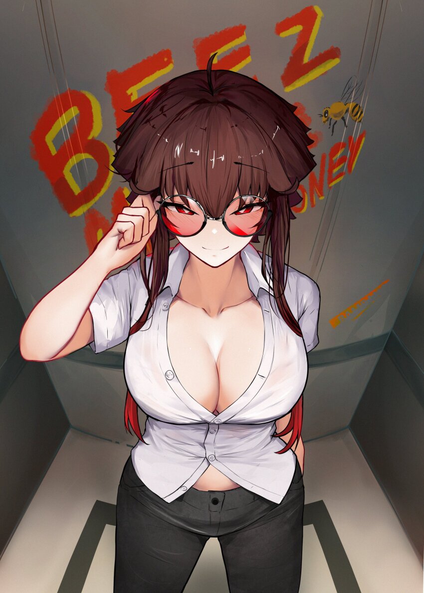 1girl absurdres adjusting_eyewear ahoge bee black_pants breasts brown_hair bug cleavage closed_mouth collarbone collared_shirt elevator from_above glasses gradient_hair graffiti hallway highres insect large_breasts liz_(nin_fake) long_hair looking_at_viewer looking_over_eyewear multicolored_hair nin_fake original pants partially_unbuttoned red-tinted_eyewear red_eyes red_hair shirt short_hair_with_long_locks short_sleeves sidelocks smile solo sunglasses tinted_eyewear white_shirt