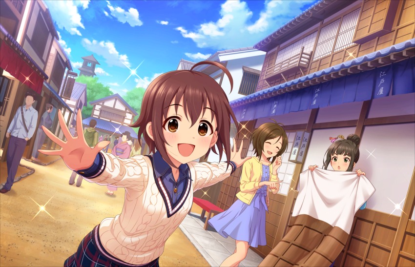 blush brown_eyes brown_hair dres happy idolmaster idolmaster_cinderella_girls idolmaster_cinderella_girls_starlight_stage short_hair sky village wakiyama_tamami