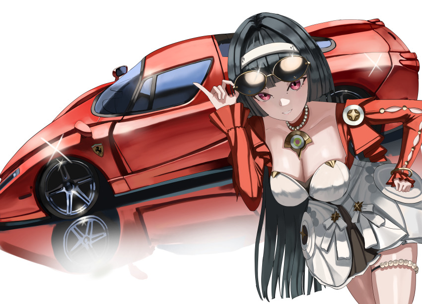 1girl absurdres astra_yao black_hair bracelet breasts car cleavage collarbone dress eyewear_on_head hairband highres holding holding_removed_eyewear irv_v12 jewelry large_breasts long_hair motor_vehicle multicolored_dress necklace race_vehicle racecar red_car red_dress red_eyes smile solo standing sunglasses teeth thighs unworn_eyewear very_long_hair white_background white_dress white_hairband zenless_zone_zero