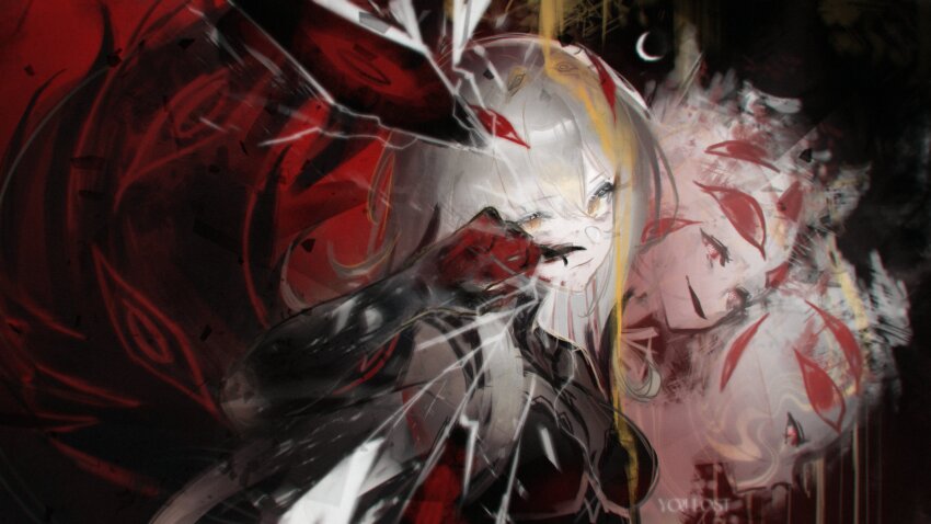 1girl absurdres black_gloves bodystocking breasts closed_mouth extra_eyes eye_hair_ornament eye_symbol fingernails genshin_impact gloves hair_intakes hair_ornament highres long_hair looking_at_viewer ronova_(genshin_impact) sharp_fingernails teeth upper_teeth_only white_hair yellow_eyes yorulost