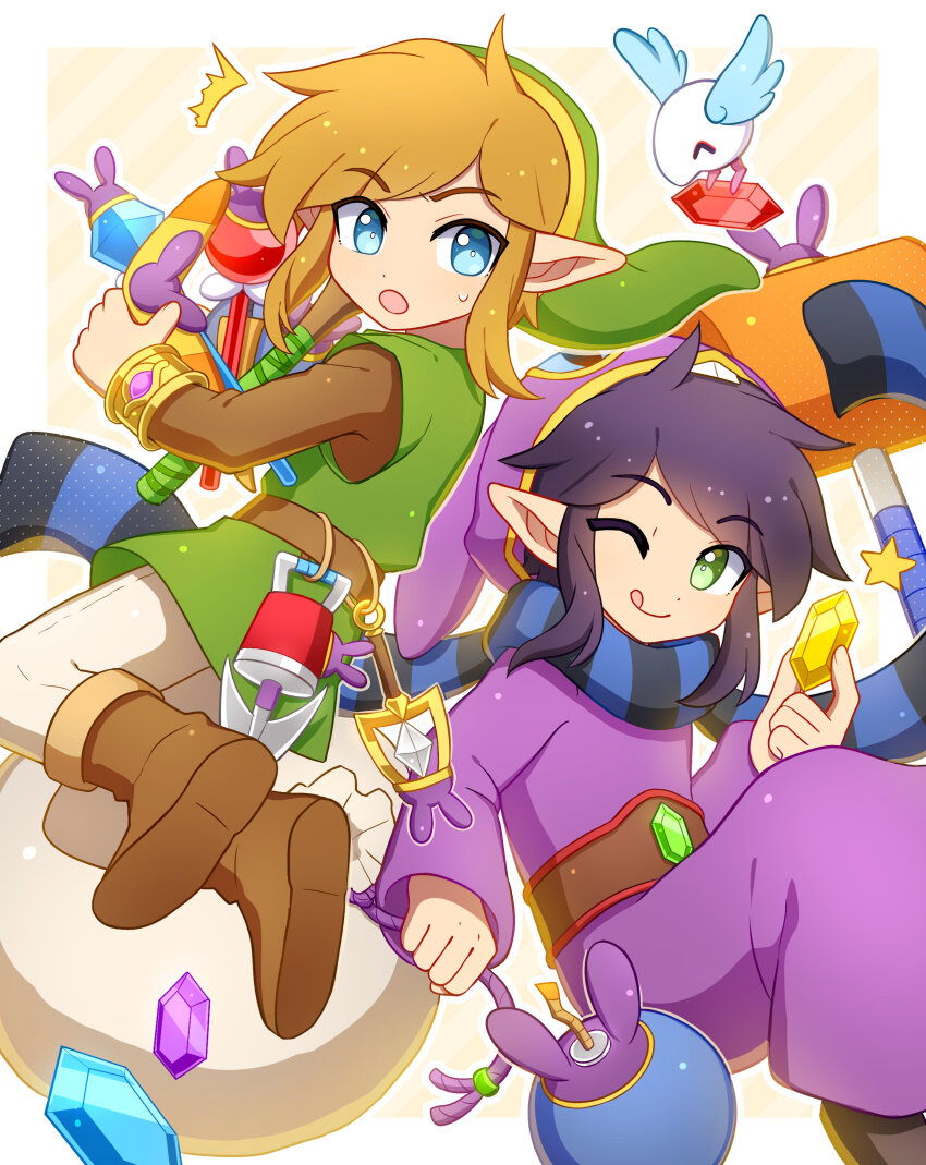 2boys :o ;q ^^^ ^_^ absurdres animal_hood belt black_hair blonde_hair blue_eyes bomb boomerang boots bracelet brown_belt brown_footwear carrying closed_eyes closed_mouth commentary english_commentary enni explosive flying gem green_eyes green_headwear green_tunic hat highres hood hood_down hookshot jewelry layered_sleeves link long_sleeves looking_at_viewer male_focus mallet multiple_boys nintendo one_eye_closed open_mouth parted_bangs pointy_ears purple_robe rabbit_hood ravio robe rupee_(zelda) scarf sheerow short_hair short_over_long_sleeves short_sleeves sidelocks simple_background smile staff striped_clothes striped_scarf swept_bangs the_legend_of_zelda the_legend_of_zelda:_a_link_between_worlds tongue tongue_out tunic white_background