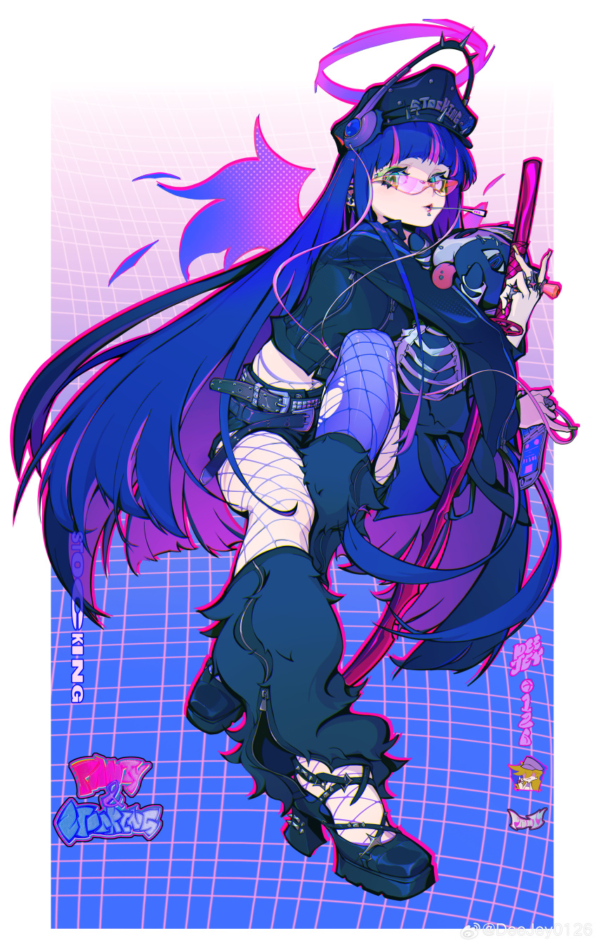 2girls absurdres artist_name belt blue_hair blue_hat blue_jacket blue_leg_warmers chinese_commentary colored_inner_hair commentary copyright_name deejey_(deejy11) fishnet_pantyhose fishnets hat highres honekoneko_(psg) jacket knee_up leg_warmers long_hair looking_at_viewer mouth_hold multicolored_hair multiple_girls panty_&amp;_stocking_with_garterbelt panty_(psg) pantyhose pink-tinted_eyewear pink_hair platform_footwear shorts solo_focus stocking_(psg) streaked_hair stuffed_animal stuffed_cat stuffed_toy tinted_eyewear two-tone_hair very_long_hair watermark weibo_watermark