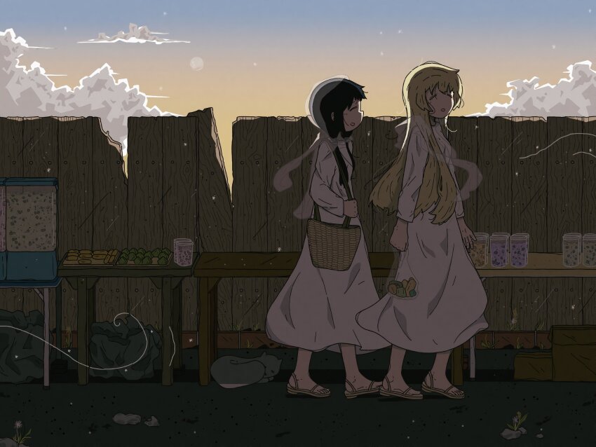 2girls backlighting bag basket black_hair blonde_hair box cardboard_box cat chito_(shoujo_shuumatsu_ryokou) cloud commentary cumulonimbus_cloud cup dress drinking_glass english_commentary fence food highres long_dress long_hair long_sleeves low_twintails multiple_girls parisetya sandals shoujo_shuumatsu_ryokou sunset table twintails walking white_dress wind yuuri_(shoujo_shuumatsu_ryokou)