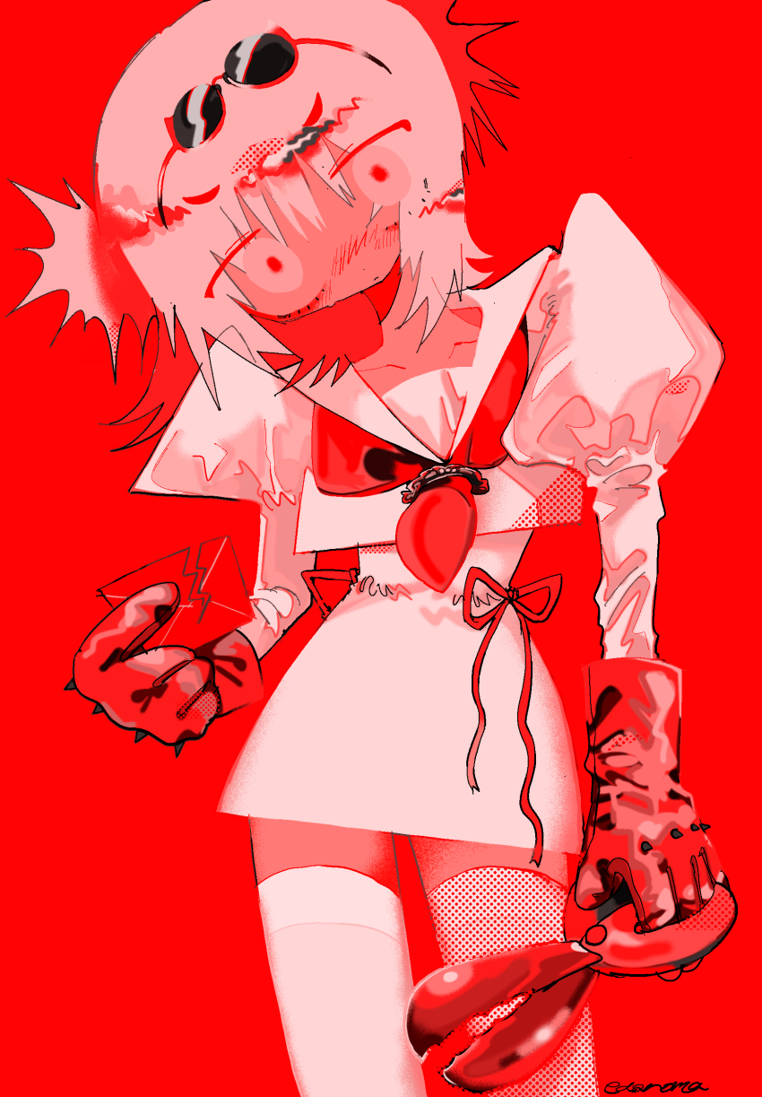 1girl absurdres commentary cowboy_shot edanoma_meu eyewear_on_head gloves head_tilt highres holding holding_scissors long_sleeves looking_at_viewer miniskirt neckerchief original puffy_long_sleeves puffy_sleeves red_theme sailor_collar sailor_shirt scissors shirt skirt solo standing symbol-only_commentary