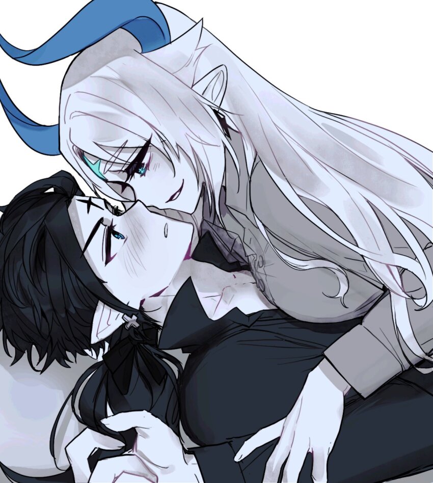 1boy 1girl blue_eyes blue_horns chevalier_(elsword) ciel_(elsword) collared_shirt earrings elsword facial_mark forehead_mark girl_on_top highres horns ishtar_(elsword) jewelry long_hair looking_at_another luciela_r._sourcream lying_on_person mme12165 shirt short_hair simple_background smile upper_body white_background