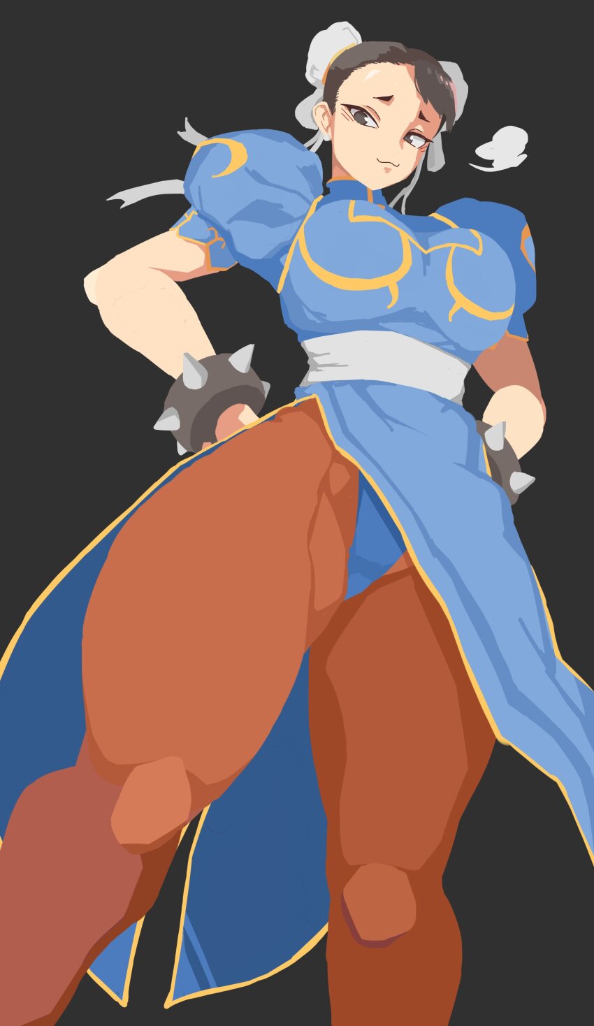 1girl absurdres bamman brown_hair capcom chun-li forehead hand_on_own_hip highres looking_at_viewer pantyhose simple_background solo standing street_fighter thighs