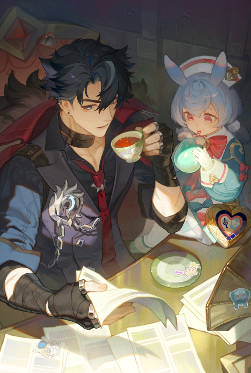 1boy 1girl animal_ears bandaged_arm bandaged_neck bandages black_gloves black_hair blue_eyes blue_hair bow cup desk drinking fingerless_gloves fur-trimmed_jacket fur_trim genshin_impact gloves hat heart highres holding holding_cup holding_paper jacket low_twintails medium_hair necktie nurse_cap on_desk paper red_eyes red_necktie scar short_hair sigewinne_(genshin_impact) sitting sticker tea teacup twintails uxien white_gloves wriothesley_(genshin_impact)