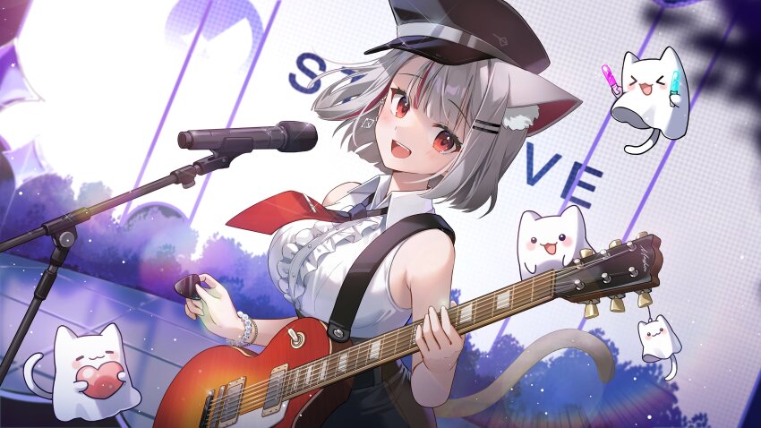 1girl absurdres animal_ears bare_arms bare_shoulders bead_bracelet beads belt black_hat bracelet breasts cat_ears cat_tail center_frills collared_shirt frills grey_hair guitar hat high-waist_skirt highres holding holding_guitar holding_instrument holding_plectrum ika_(4801055) instrument jewelry large_breasts looking_at_viewer microphone_stand multicolored_hair necktie neneko_mashiro open_mouth peaked_cap plectrum red_eyes red_necktie shirt short_hair skirt sleeveless sleeveless_shirt smile solo stellive streaked_hair tail upper_body virtual_youtuber white_shirt