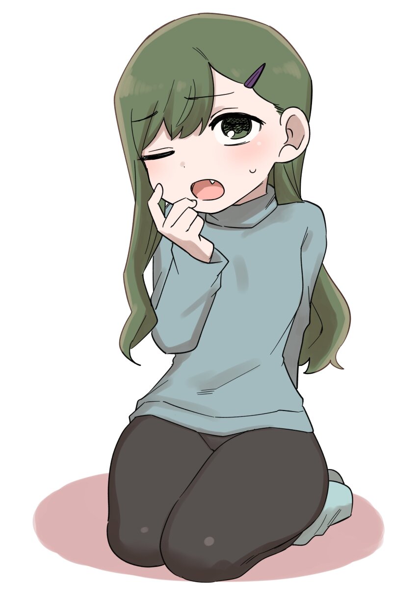 1girl absurdres black_pantyhose blush fang green_eyes green_hair highres igarashi_futaba medium_hair one_eye_closed open_mouth pantyhose petite seiza senpai_ga_uzai_kouhai_no_hanashi shiromanta sitting sweater thick_thighs thighs