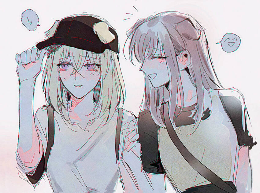 2girls animal_ears bang_dream! bang_dream!_it&#039;s_mygo!!!!! baseball_cap black_hat blonde_hair blush closed_eyes commentary crossed_bangs dog_ears dog_girl ears_through_headwear hair_between_eyes hat interlocked_fingers kemonomimi_mode long_hair maybecrosswise medium_hair misumi_uika multiple_girls open_mouth purple_eyes shirt short_sleeves sidelocks simple_background sumimi_(bang_dream!) sumita_mana sweatdrop upper_body white_background white_shirt yuri