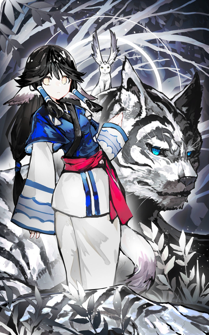 1girl aged_up ainu_clothes animal animal_ears aquaplus black_hair blue_eyes breasts closed_mouth dress eruruu gachatara hair_between_eyes highres layered_sleeves leaf long_hair long_sleeves looking_at_viewer looking_to_the_side low_twintails mukkuru night official_art outdoors red_sash sash sidelocks sitting small_breasts standing tail tiger tiger_ears tiger_tail twintails utawarerumono utawarerumono:_itsuwari_no_kamen utawarerumono:_lost_flag very_long_hair white_fur wide_hips yellow_eyes