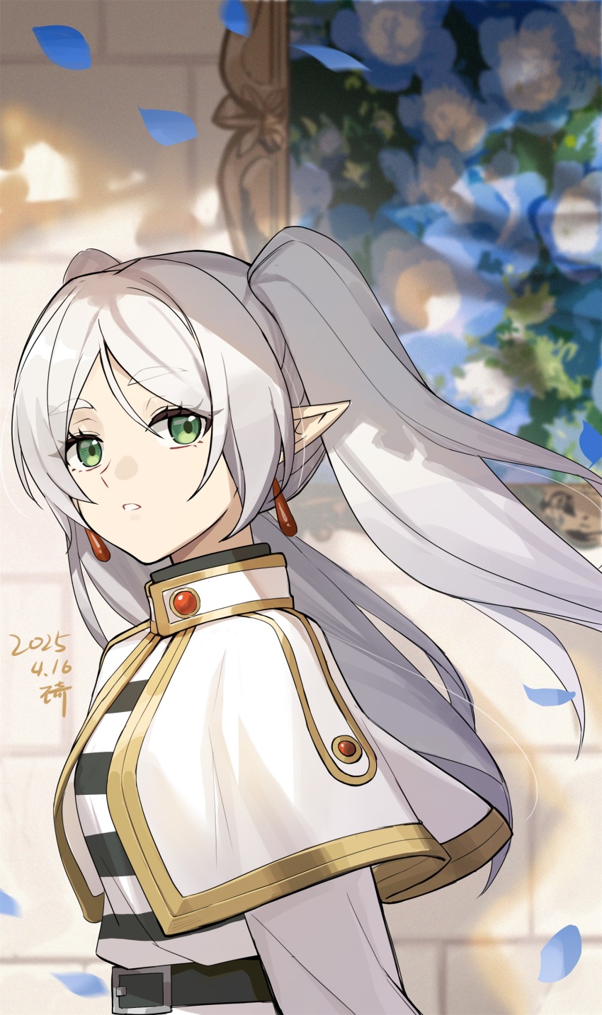 1girl absurdres artist_name belt capelet commentary_request dated earrings elf flower frieren from_side green_eyes highres jewelry long_hair looking_at_viewer parted_lips petals pointy_ears shirt solo sousou_no_frieren striped_clothes striped_shirt twintails upper_body wangqi white_capelet white_hair