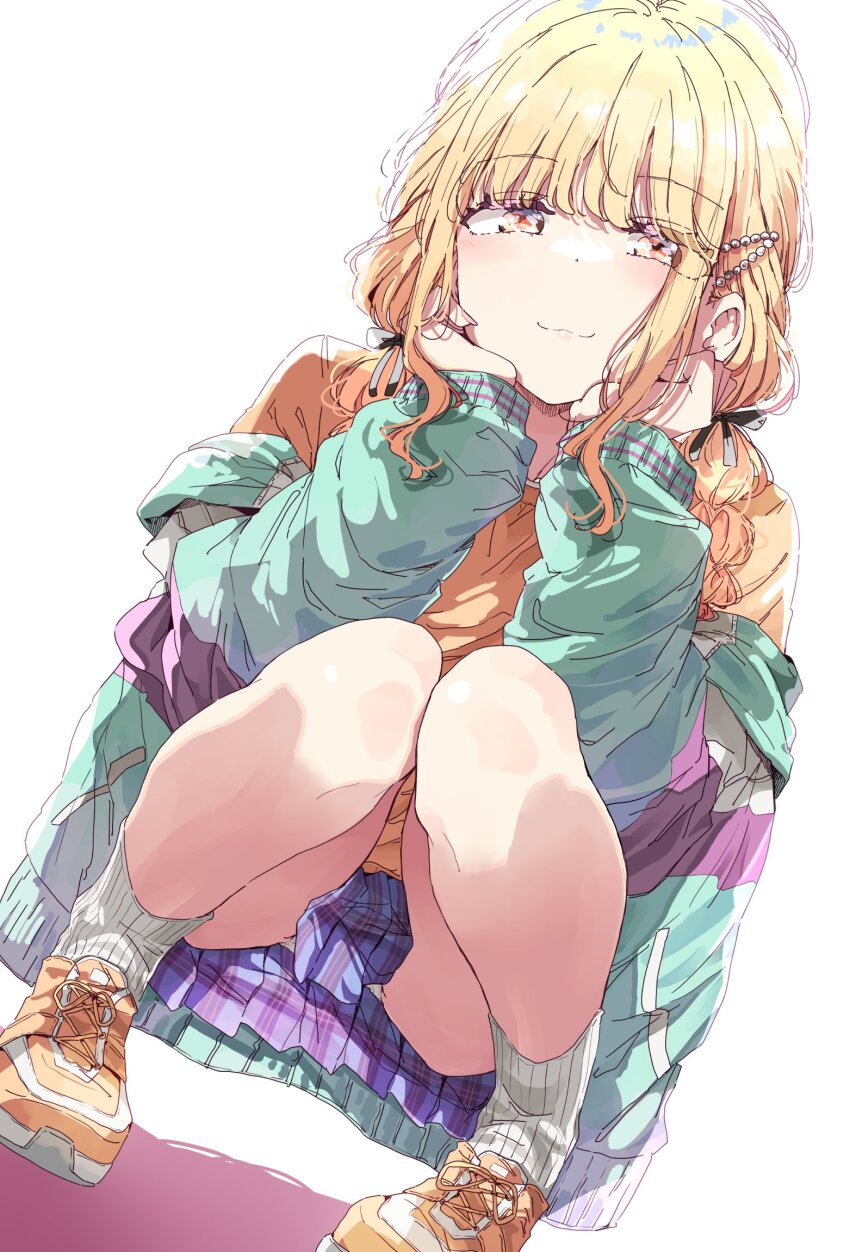 1girl :3 blonde_hair blue_skirt fujita_kotone gakuen_idolmaster green_jacket hair_ornament hairclip head_rest highres idolmaster jacket low_twintails miniskirt nyoijizai off_shoulder panties panty_peek shirt shoes skirt sneakers socks solo squatting twintails underwear wavy_hair white_background yellow_eyes yellow_shirt yellow_shoes