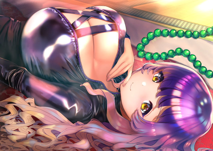1girl absurdres bead_necklace beads biker_clothes bikesuit blonde_hair blush bodysuit breasts brown_hair chrysanthemum cleavage closed_mouth commentary_request fingernails floral_print flower from_side gradient_hair highres hijiri_byakuren huge_breasts huge_filesize jewelry unworn_jewelry long_hair long_sleeves looking_at_viewer lying mat multicolored_hair nail_polish necklace unworn_necklace on_back on_floor open_bodysuit open_clothes pink_nails poko_(mammypoko) prayer_beads purple_bodysuit shiny_clothes shiny_skin skin_tight smile solo touhou turbo_byakuren yellow_eyes