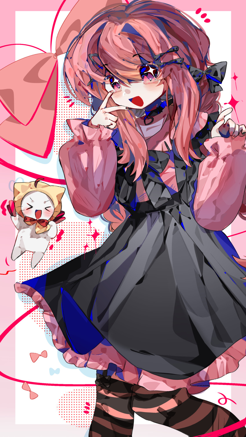 &gt;_&lt; +_+ 1girl absurdres animal artist_request black_bow black_bowtie black_choker black_dress black_pantyhose bow bowtie cat cheering chinese_commentary choker cloak clothed_animal collarbone collared_shirt commentary_request dress ear_covers feet_out_of_frame fingernails frilled_dress frilled_shirt_collar frilled_sleeves frills glowstick hair_between_eyes hair_bow hair_ornament hair_over_shoulder hairclip halftone hand_on_own_cheek hand_on_own_face happy heart heart_choker highres holding holding_glowstick hood hood_up hooded_cloak long_hair long_sleeves low_twintails medium_dress momo_(nikki) multiple_hair_bows nikki_(nikki) nikki_(series) notice_lines outside_border pantyhose penlight_(glowstick) pinafore_dress pink_bow pink_eyes pink_hair pink_pantyhose pink_shirt puffy_long_sleeves puffy_sleeves red_bow red_bowtie second-party_source shirt sleeveless sleeveless_dress sleeves_past_wrists sparkling_eyes striped_clothes striped_pantyhose traditional_bowtie twintails two-tone_pantyhose v v-shaped_eyebrows white_background white_cat yellow_cloak