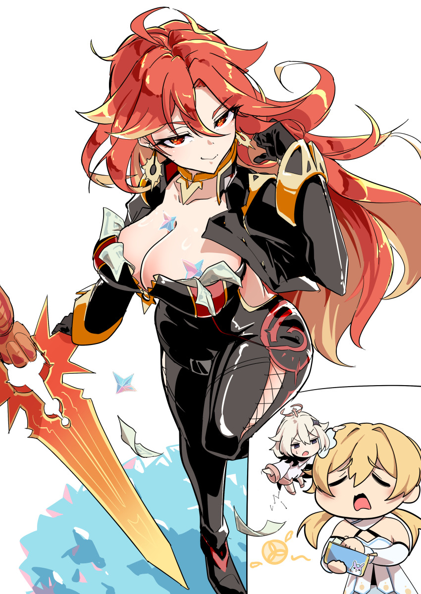 3girls a_thousand_blazing_suns_(genshin_impact) absurdres banknote black_bodysuit black_gloves black_jacket blonde_hair bodysuit breasts cleavage closed_eyes closed_mouth commentary_request earrings genshin_impact gloves greatsword grey_hair highres holding holding_wallet jacket jewelry large_breasts long_hair looking_at_viewer lumine_(genshin_impact) maki-kun mavuika_(genshin_impact) money multiple_girls open_mouth paimon_(genshin_impact) primogem red_eyes red_hair smile solo_focus sword tucked_money wallet weapon white_background