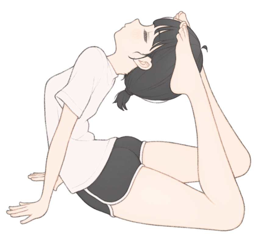 1girl 1ssakawaguchi ahoge arched_back arm_support ass barefoot black_shorts closed_eyes dolphin_shorts feet from_side highres ichika_(1ssakawaguchi) legs original ponytail shirt short_hair short_ponytail short_shorts short_sleeves shorts simple_background solo thighs toes white_background white_shirt yoga