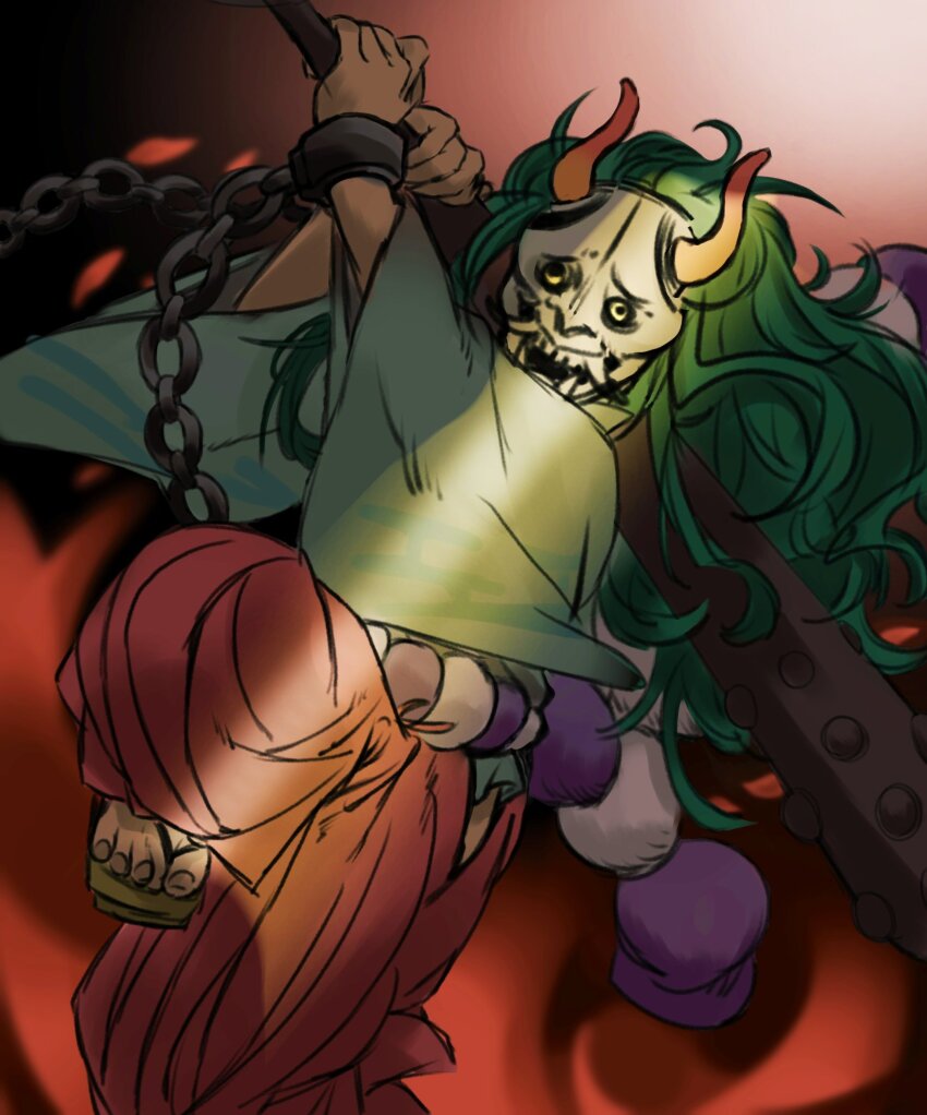 1girl club club_(weapon) cuffs geta hakama handcuffs highres horns japanese_clothes kanabou kimono looking_at_viewer mask one_piece red_hakama rope shimenawa sinoda_maru7326 solo weapon white_kimono wide_sleeves yamato_(one_piece)