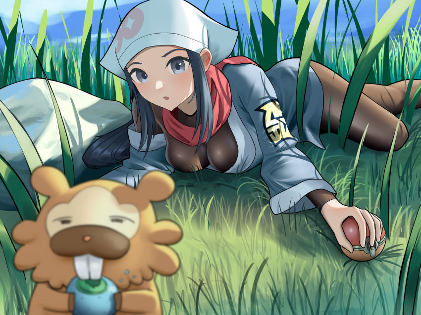 1girl absurdres akari_(pokemon) berry_(pokemon) bidoof black_hair breasts cloud commentary day eating eyelashes gen_4_pokemon grass grey_eyes headscarf highres hisuian_poke_ball holding holding_poke_ball jacket logo long_hair medium_breasts nintendo oran_berry outdoors pantyhose poke_ball pokemon pokemon_(creature) pokemon_legends:_arceus red_scarf rock scarf shift_(shiftillust) sidelocks sky white_headscarf white_headwear