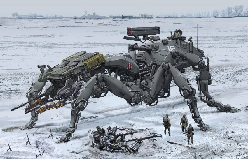 absurdres after_battle ant assault_rifle backpack bag bare_tree boots bug buried cable cannon chenlongque commentary concept_art damaged dirty english_commentary gloves gun helmet highres insect machine_gun machinery mecha mecha_focus military military_uniform military_vehicle missile_pod motor_vehicle multiple_legs non-humanoid_robot open_hatch original parka pilot radio_antenna reactive_armor realistic rifle robot robot_animal ruins science_fiction snow soldier spider_tank t-55 tank tree turret vehicle_focus walker_(robot) weapon when_you_see_it wreckage