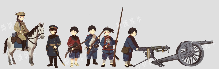 6+girls ammunition_belt antique_firearm belt black_footwear blue_surcoat buttons cannon cavalry china coat double-breasted epaulettes fangdan_runiu firearm firelock green_coat grey_background gun hat highres horseback_riding machine_gun matchlock maxim_gun military military_uniform multiple_girls original peaked_cap qing_dynasty riding saber_(weapon) saddle saddlebags stirrups_(riding) sword turban watermark weapon white_horse