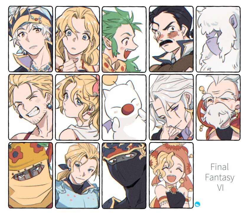 blonde_hair blue_eyes blue_headband celes_chere cyan_garamonde earrings edgar_roni_figaro final_fantasy final_fantasy_vi garbage_paper gau gogo green_hair grey_hair headband highres jewelry locke_cole long_hair mog moogle multiple_boys multiple_girls ponytail relm_arrowny ribbon sabin_rene_figaro setzer_gabbiani shadow_(ff6) short_hair smile strago_magus tina_branford umaro