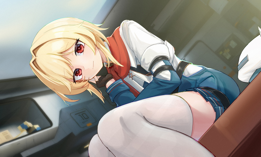 1girl absurdres beret black_gloves blue_jumpsuit dutch_angle fingerless_gloves girls&#039;_frontline girls&#039;_frontline_2:_exilium gloves hair_intakes hand_up hat highres indoors jumpsuit long_sleeves looking_at_viewer medium_hair nagant_(girls&#039;_frontline_2) nagant_revolver_(girls&#039;_frontline) red_eyes red_scarf scarf shenqi_xiaohuang sitting smile solo thighhighs two-tone_jumpsuit unworn_headwear white_hat white_jumpsuit white_thighhighs