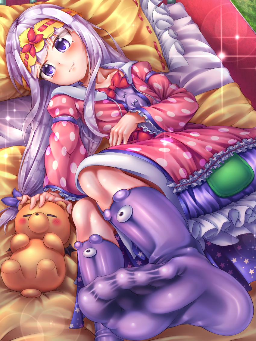 1girl absurdres aurora_sya_lis_kaymin bed feet foot_focus highres long_hair lying maou-jou_de_oyasumi oooqqq pillow purple_eyes purple_hair smile socks soles solo stuffed_animal stuffed_toy teddy_bear toes