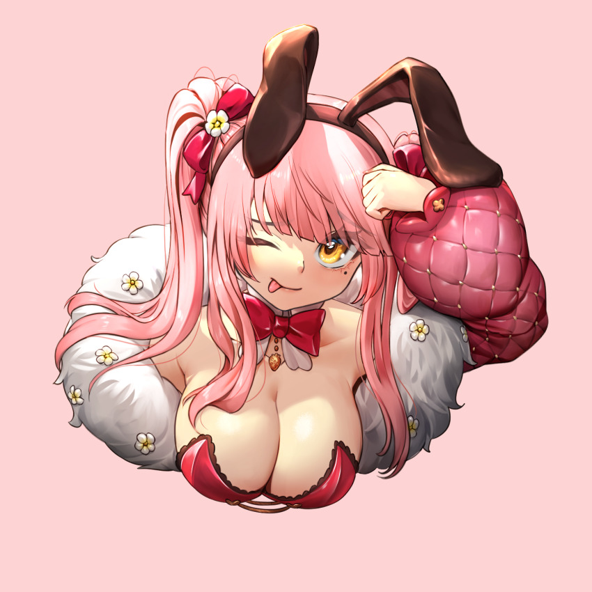 1girl ;p algorhythm_project animal_ears arm_up black_hairband bow bowtie braco breasts closed_mouth cropped_torso detached_collar fake_animal_ears hair_ribbon hairband highres large_breasts long_hair long_sleeves looking_at_viewer merun_morino mole mole_under_eye one_eye_closed orange_eyes pink_background pink_hair puffy_long_sleeves puffy_sleeves rabbit_ears red_bow red_bowtie red_ribbon ribbon sidelocks simple_background smile solo strapless tehepero tongue tongue_out twintails upper_body virtual_youtuber