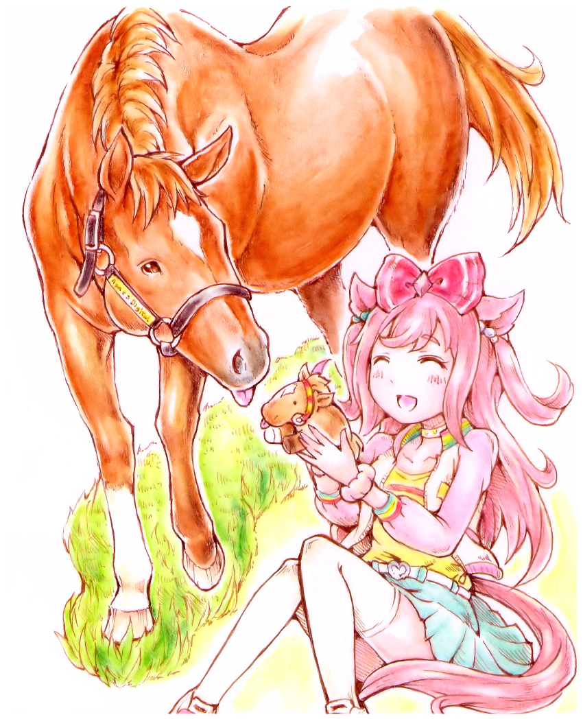 1girl absurdres agnes_digital_(racehorse) agnes_digital_(umamusume) animal_ears aqua_skirt bow casual closed_eyes collarbone commentary creature_and_personification garyuu_ryuuga hair_bow highres horse horse_ears horse_girl long_hair long_sleeves on_grass outdoors personification pink_hair pleated_skirt real_life red_bow sidelocks skirt sleeveless sleeveless_jacket stuffed_animal stuffed_toy thighhighs tongue tongue_out two_side_up umamusume white_thighhighs