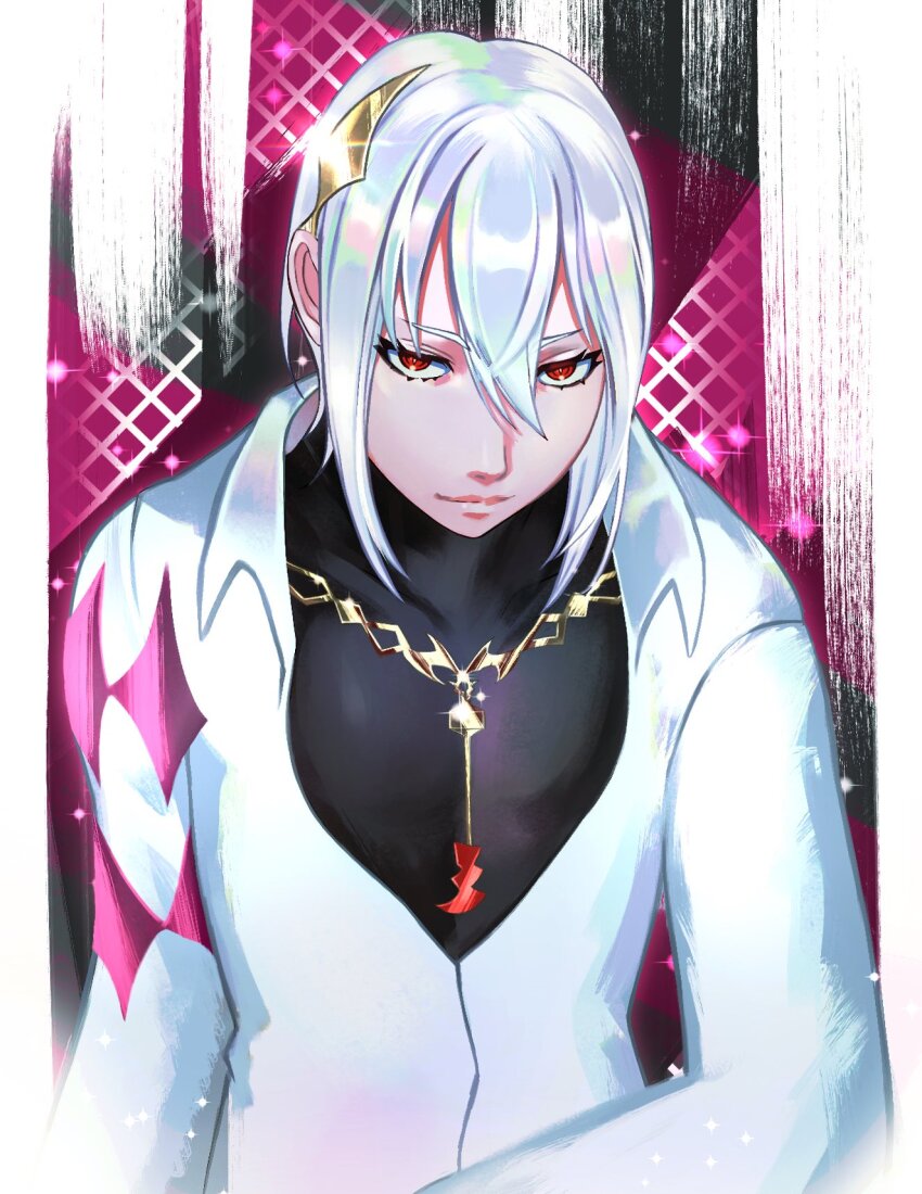 1boy black_shirt dragon dragon_boy eye_contact fire_emblem fire_emblem_engage hair_ornament highres jacket jewelry looking_at_another necklace nintendo open_clothes open_jacket pendant pink_background rafal_(fire_emblem) red_eyes shirt smirk white_hair white_jacket