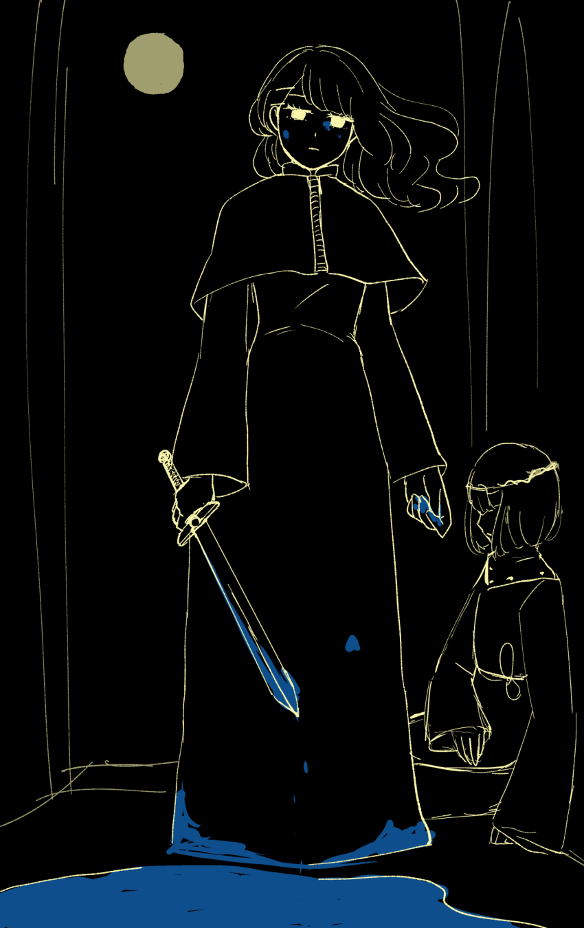 1boy 1girl blood blood_on_clothes blood_on_face blue_blood commentary_request dress famiresu_wo_kyouju_seyo full_moon highres holding holding_sword holding_weapon implied_murder klein_(famiresu_wo_kyouju_seyo) mia960 moon pool_of_blood railroad_spike_(famiresu_wo_kyouju_seyo) sword weapon