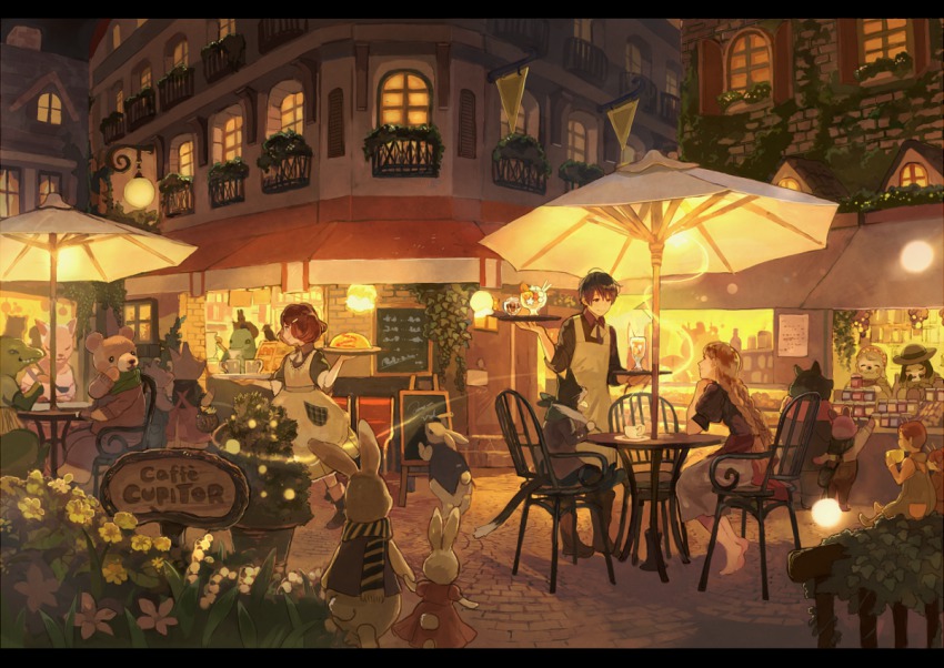 1boy 2girls :3 ^_^ ahoge animal animal_ears apron awning back balcony barefoot bear bird black_eyes black_hair black_shirt blanket blonde_hair blush blush_stickers boots braid brick_wall brown_footwear brown_hair building cafe cat chair chocolate closed_eyes clothed_animal collared_shirt cup door dress drink egg_(food) elbow_rest fantasy flag flower food fried_egg furry glowing hair_ornament hairclip hat head_rest holding holding_hands holding_tray ice_cream jar lantern letterboxed lights long_hair long_sleeves looking_at_viewer looking_back menu_board mini_person miniboy minigirl mug multiple_girls neck_ribbon night note omelet omurice on_chair original pants paper pavement pennant plaid plant plate pon_(cielo) potted_plant puffy_short_sleeves puffy_sleeves quill quilt rabbit railing ribbon saucer scarf scenery serving shadow shirt shop shopping short_hair short_sleeves sitting skirt sleeves_rolled_up smile smoke standing star_(symbol) steam storefront striped_clothes striped_scarf sweater table tailcoat town tray twin_braids twintails umbrella vines waiter waitress walking white_apron window
