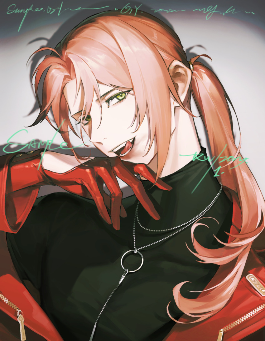 1boy :d black_shirt glove_cutout gloves green_eyes hand_to_own_mouth highres jacket jewelry licking_lips light_and_night_love lipstick long_hair long_sleeves looking_at_viewer makeup male_focus necklace o-ring off_shoulder open_clothes open_jacket open_mouth parted_bangs pink_hair ponytail red_gloves red_jacket ru_(famia) sample_watermark shirt single_sidelock smeared_lipstick smile solo teeth tongue tongue_out turtleneck watermark white_background xia_mingxing zipper zipper_pull_tab