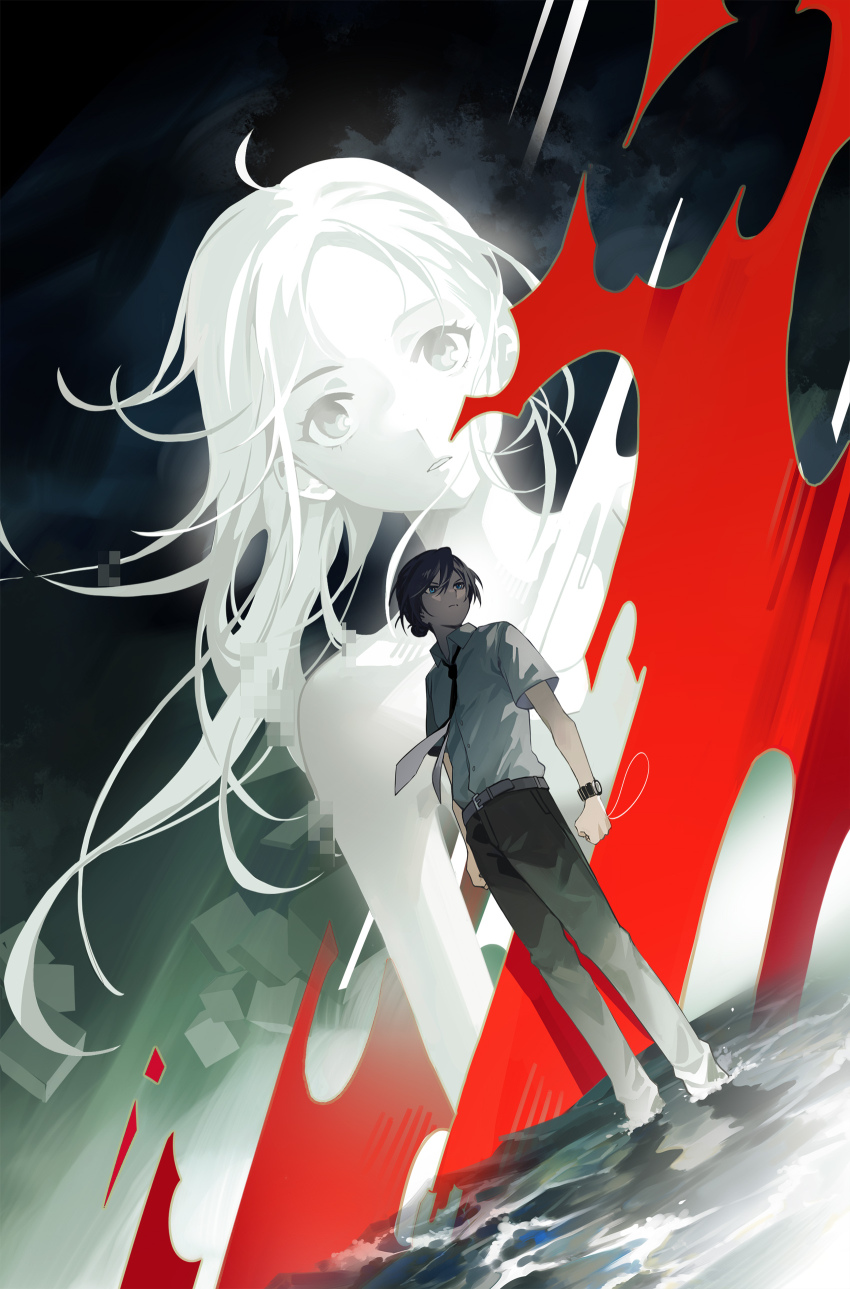 1boy 1girl absurdres ajiro_shinpei black_necktie clenched_hands cloud cloudy_sky collared_shirt dress_shirt dutch_angle floating_hair grey_pants grey_shirt highres kofune_ushio long_hair narakuuu necktie pants shirt short_sleeves sky standing summertime_render watch wing_collar wristwatch