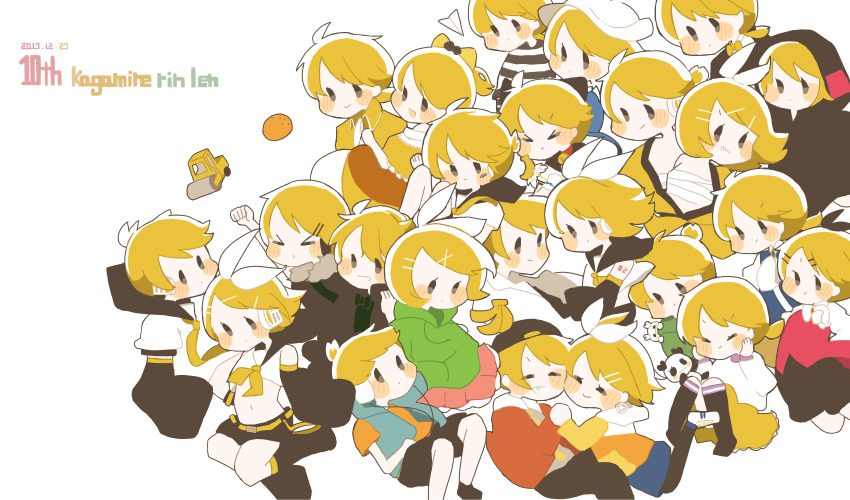 &gt;_&lt; 6+boys 6+girls absurdres aku_no_meshitsukai_(vocaloid) aku_no_musume_(vocaloid) allen_avadonia anniversary banana belt blonde_hair blush_stickers brother_and_sister closed_mouth creature dot_mouth evillious_nendaiki food fruit highres kagamine_len kagamine_len_(tricker) kagamine_rin kagamine_rin_(melancholy) kagamine_rin_(scissors) kumamaru_(honeyworks) melancholic_(vocaloid) multiple_boys multiple_girls multiple_persona off_shoulder orange_(fruit) panda panmy ponytail project_diva_(series) riliane_lucifen_d&#039;autriche short_ponytail short_shorts shorts siblings steamroller suki_kirai_(vocaloid) tutuko vocaloid yellow_belt yumekui_shirokuro_baku_(vocaloid)