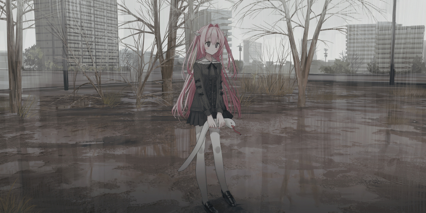 1girl bare_tree black_bow black_shirt black_shoes black_skirt blush bow building chihuri closed_mouth hair_between_eyes hair_intakes hair_ornament highres holding holding_stuffed_toy loafers long_hair long_sleeves nea_(chihuri) original outdoors overcast pantyhose pink_hair pleated_skirt purple_eyes shirt shoes skirt sky solo stuffed_animal stuffed_snake stuffed_toy tree two_side_up very_long_hair white_pantyhose wing_hair_ornament