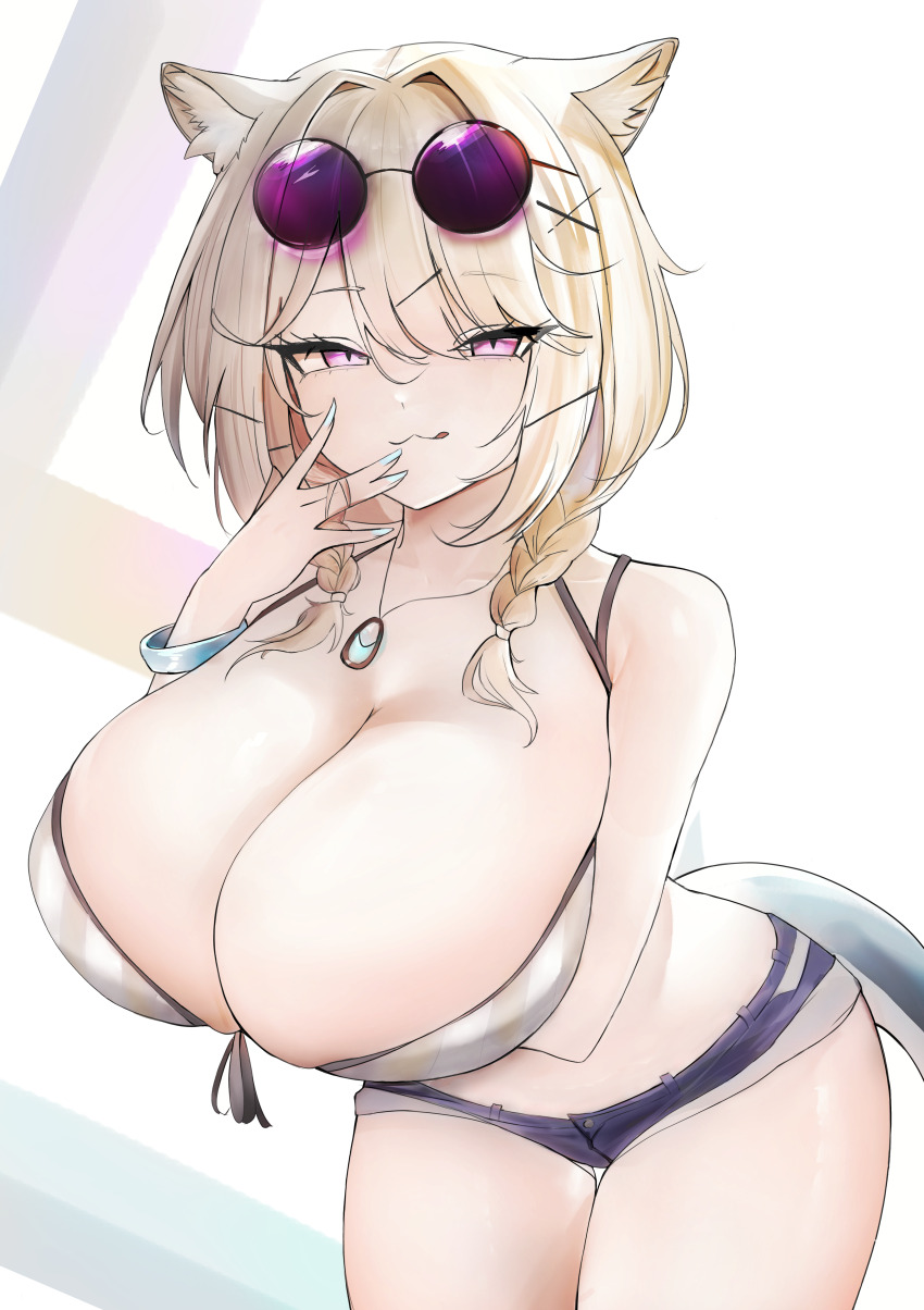 1girl :3 absurdres animal_ear_fluff animal_ears arknights arm_under_breasts bikini blonde_hair braid breasts cleavage closed_mouth come_hither cowboy_shot eyewear_on_head grey_bikini hair_between_eyes hair_intakes hair_ornament hairclip hand_on_own_face highres huge_breasts jewelry marceau_44 medium_hair micro_shorts official_alternate_costume pendant pink_eyes purple_shorts round_eyewear shorts smile solo standing swimsuit tail tongue tongue_out twin_braids utage_(arknights) utage_(summer_flowers)_(arknights) white_background x_hair_ornament