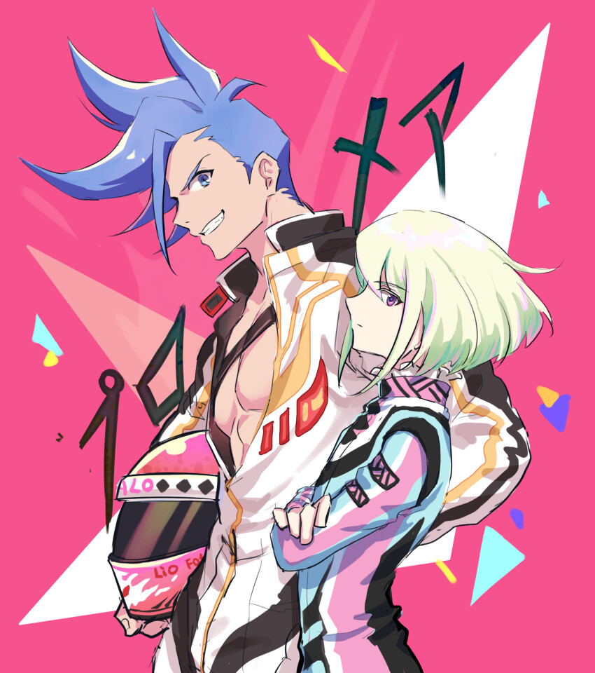 2boys adam&#039;s_apple bare_pectorals biker_clothes bikesuit blue_eyes blue_hair bodysuit closed_mouth crossed_arms from_side galo_thymos green_hair grin helmet highres holding holding_helmet lalatia-meai lio_fotia male_focus motorcycle_helmet multiple_boys pectorals promare short_hair sideburns smile toned toned_male