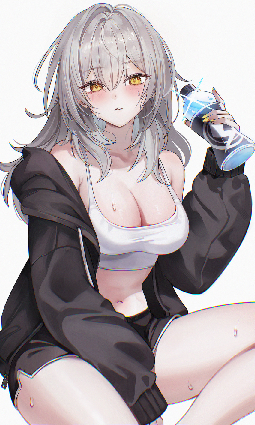 1girl absurdres alternate_costume black_jacket black_shorts blush bottle breasts cleavage collarbone commentary crop_top cropped_shirt dolphin_shorts energy_drink feet_out_of_frame fingernails grey_hair highres holding holding_bottle honkai:_star_rail honkai_(series) hood hooded_jacket jacket large_breasts long_fingernails long_hair long_sleeves looking_at_viewer nail_polish navel off_shoulder parted_lips shirt shorts simple_background sitting solo stelle_(honkai:_star_rail) stomach sweat tank_top thighs trailblazer_(honkai:_star_rail) white_background white_shirt yellow_eyes yellow_nails zije