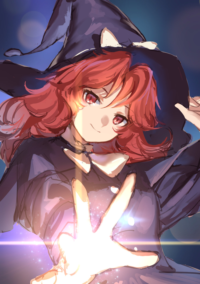 1girl absurdres alternate_eye_color alternate_hair_color black_capelet black_dress bow bowtie breasts buttons capelet chinese_commentary closed_mouth commentary_request dress hand_on_own_hat hat hat_bow highres kirisame_marisa lens_flare long_sleeves looking_at_viewer magic medium_hair reaching reaching_towards_viewer red_eyes red_hair smile solo touhou upper_body wb_yimo white_bow white_bowtie witch witch_hat