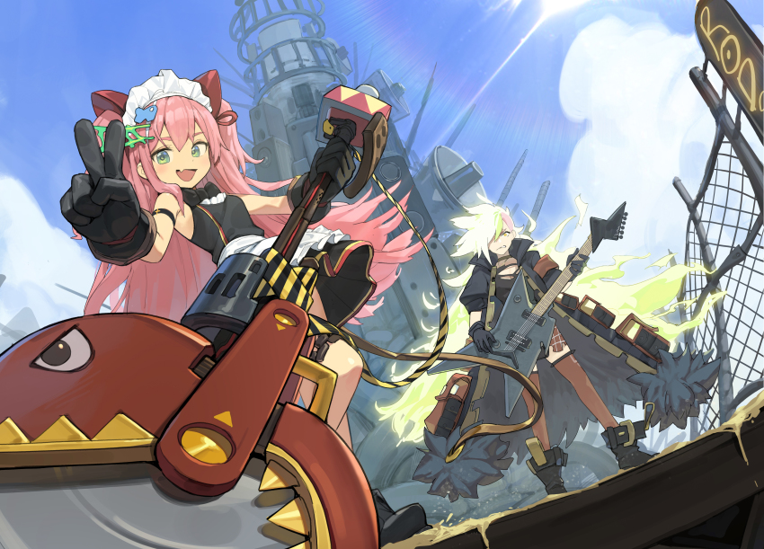 2girls :d absurdres alchemy_stars apron barbara_(alchemy_stars) black_coat black_dress black_gloves boots coat day dress dutch_angle electric_guitar fang gloves green_eyes guitar headdress highres holding holding_weapon instrument long_coat long_hair looking_at_viewer multiple_girls open_mouth outdoors pink_hair regina_(alchemy_stars) romana shoes sleeveless sleeveless_dress smile standing two_side_up v waist_apron weapon